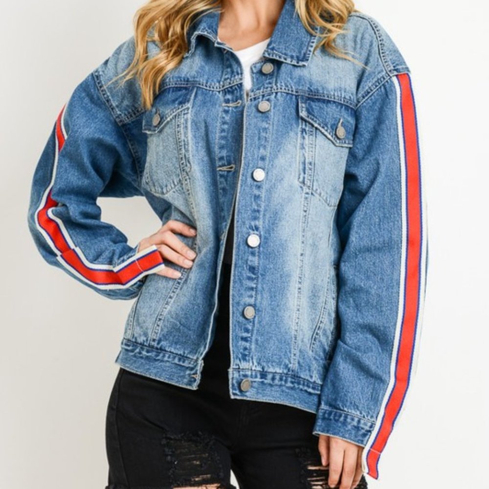 Stripe Sleeve Taped Detail Over-sized Jean Jacket - Picture 3 of 7